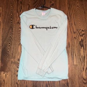 Blue/Green/Teal long sleeve champion t-shirt.